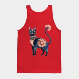 Blue Cat with flower pattern Tank Top